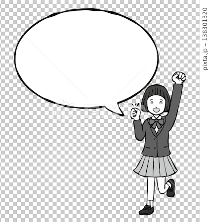 【モノクロ】女の子笑顔　ガッツポーズ　制服　フキダシ 138301320