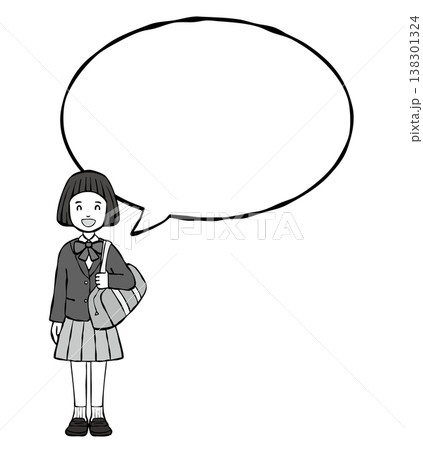 【モノクロ】女の子 笑顔 制服 フキダシ 【モノクロ】女の子 笑顔 制服 フキダシ 138301324