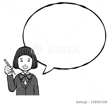 【モノクロ】女の子　笑顔　制服　フキダシ　上半身 138301326