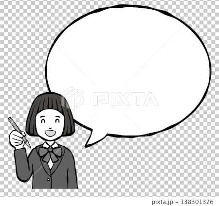 【モノクロ】女の子　笑顔　制服　フキダシ　上半身 138301326