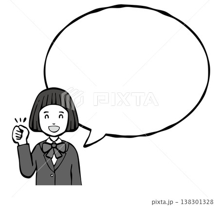 【モノクロ】女の子　笑顔　制服　フキダシ　上半身 138301328