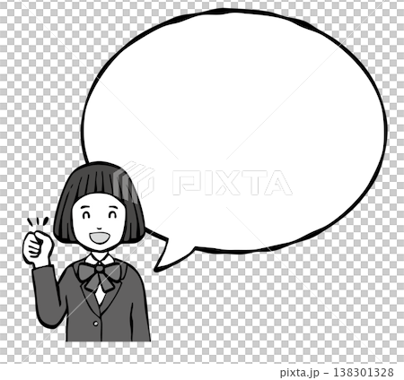 【モノクロ】女の子　笑顔　制服　フキダシ　上半身 138301328