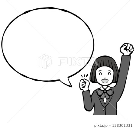 【モノクロ】女の子　笑顔　制服　フキダシ　上半身 138301331