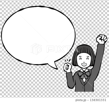 【モノクロ】女の子　笑顔　制服　フキダシ　上半身 138301331