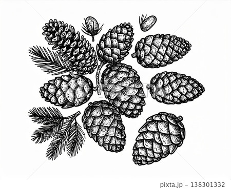 Detailed Illustration of Pine Cones and Spruce Branches on White Background Vintage Botanical Art 138301332