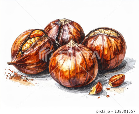 Artistic Rendered Group of Brown Chestnuts on White Background with Hatching Details 138301357