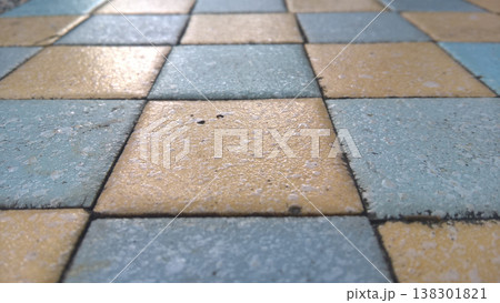 Vintage tile ceramic floor square pattern blue yellow texture surface closeup vintage tile ceramic floor square pattern blue yellow texture surface closeup creates nostalgic atmosphere old Vintage tile ceramic floor square pattern blue yellow texture surface closeup vintage tile ceramic floor square pattern blue yellow texture surface closeup creates nostalgic atmosphere old 138301821