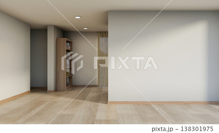 Empty studio room with bookshelf on wooden parquet floor and warm sunlight shining on a white wall. 138301975