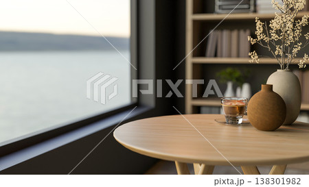 Coffee tea in glass cup and vase on round wooden table with bookshelf and glass window with sea view Coffee tea in glass cup and vase on round wooden table with bookshelf and glass window with sea view 138301982