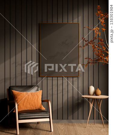 Black board photo frame on slat wall over leather armchair and table with autumn orange leavesbranch Black board photo frame on slat wall over leather armchair and table with autumn orange leavesbranch 138301984