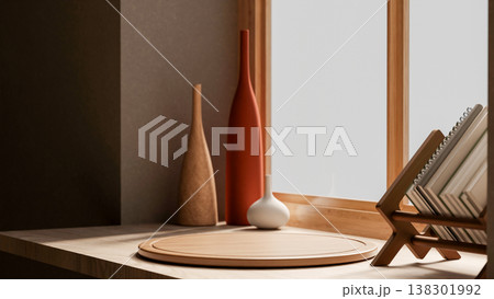 Empty round wooden tray with unique design vase and book rack on table under sunlight through window Empty round wooden tray with unique design vase and book rack on table under sunlight through window 138301992
