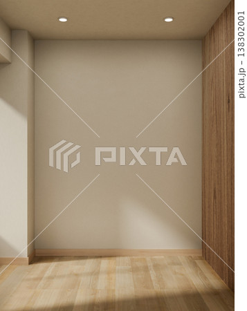 Empty white and wooden wall on parquet floor with sunlight through corridor in modern house or room. Empty white and wooden wall on parquet floor with sunlight through corridor in modern house or room. 138302001