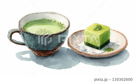 和菓子羊羹抹茶水彩手描き和風イラスト 和菓子羊羹抹茶水彩手描き和風イラスト 138302600