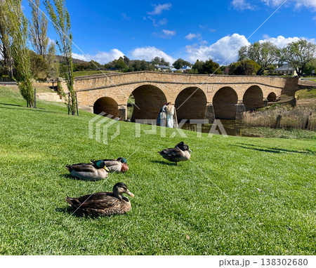 リッチモンド橋のアーチと芝生でくつろぐアヒル、タスマニア州リッチモンド、オーストラリア最古の石橋 138302680