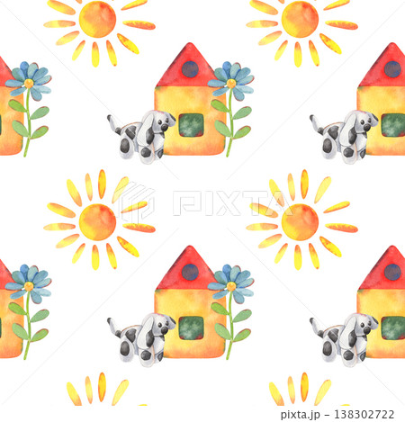 Hand-painted watercolor seamless pattern, children drawing sun, house, clay dog, flower isolated on white. Perfect for printing, design, kids products, nursery decor, textiles, stationery, branding Hand-painted watercolor seamless pattern, children drawing sun, house, clay dog, flower isolated on white. Perfect for printing, design, kids products, nursery decor, textiles, stationery, branding 138302722