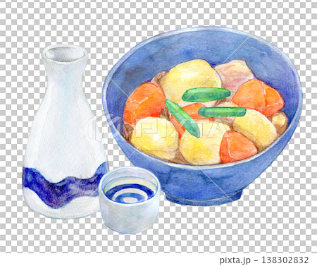 水彩插畫,手繪插畫:日式肉丸馬鈴薯燉菜和熱清酒 水彩插畫,手繪插畫:日式肉丸馬鈴薯燉菜和熱清酒 138302832