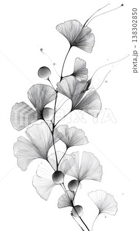 銀杏の枝と葉と実のモノクロ線画、繊細な筆致の植物イラスト 銀杏の枝と葉と実のモノクロ線画、繊細な筆致の植物イラスト 138302850