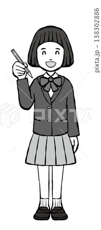 【モノクロ】女の子笑顔　鉛筆　制服ブレザー 138302886