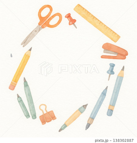 水彩風の可愛い文房具フレーム　白背景で使いやすい新生活や学校のイメージ素材 138302887