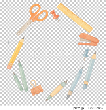 水彩風の可愛い文房具フレーム　白背景で使いやすい新生活や学校のイメージ素材 138302887