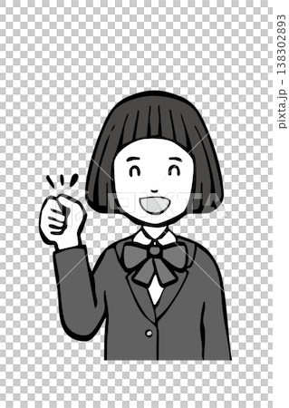 [黑白] 身穿制服的女孩，面帶微笑，擺出勝利姿勢，上半身。 138302893