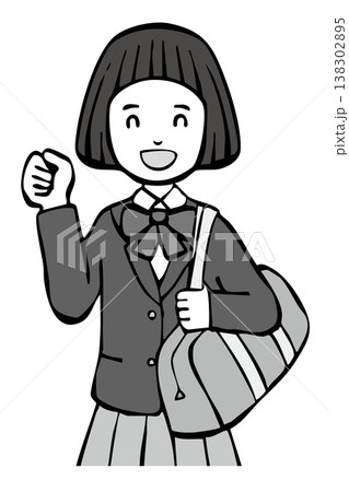 【モノクロ】制服の女の子　笑顔　ガッツポーズ　上半身 138302895