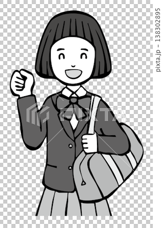 【モノクロ】制服の女の子　笑顔　ガッツポーズ　上半身 138302895
