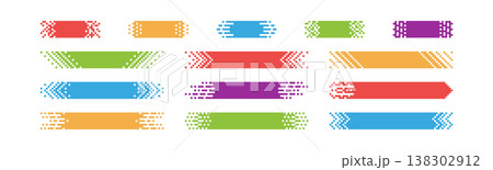 Pixel rectangle header. Pixel gradient title set. Horizontal stripe geometric mosaic banner. Abstract game digital pattern. Web color title shape. Vector illustration isolated on white background Pixel rectangle header. Pixel gradient title set. Horizontal stripe geometric mosaic banner. Abstract game digital pattern. Web color title shape. Vector illustration isolated on white background 138302912