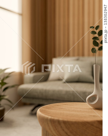 Long neck vase on round wooden side table across grey sofa couch and window in a modern living room. Long neck vase on round wooden side table across grey sofa couch and window in a modern living room. 138302947
