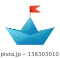 Origami Paper boat. A small ship made of blue paper and a red flag. Ship of folded paper crafty 138303010
