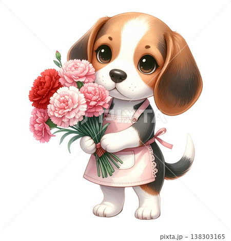 カーネーションを抱えるエプロン姿のビーグル　母の日・花屋イメージの水彩イラスト素材5 138303165