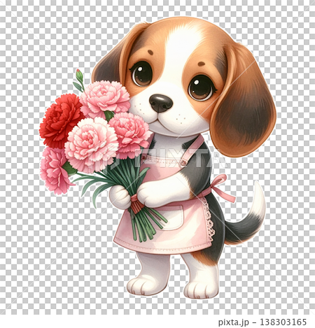 カーネーションを抱えるエプロン姿のビーグル　母の日・花屋イメージの水彩イラスト素材5 138303165