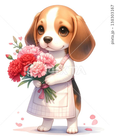カーネーションを抱えるエプロン姿のビーグル　母の日・花屋イメージの水彩イラスト素材3 138303167