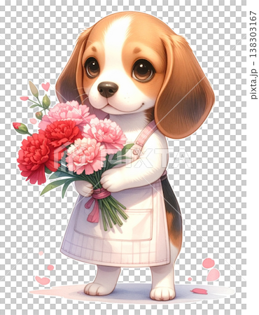 カーネーションを抱えるエプロン姿のビーグル　母の日・花屋イメージの水彩イラスト素材3 138303167
