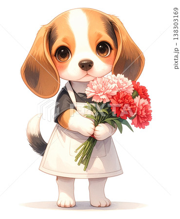 カーネーションを抱えるエプロン姿のビーグル　母の日・花屋イメージの水彩イラスト素材1 138303169