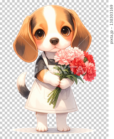カーネーションを抱えるエプロン姿のビーグル　母の日・花屋イメージの水彩イラスト素材1 138303169