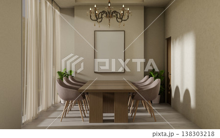 Wooden counter table and curved chairs with chandelier and white frame in dim dining or living room. Wooden counter table and curved chairs with chandelier and white frame in dim dining or living room. 138303218