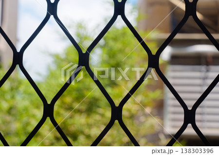 Close-up View Through Black Iron Window to Blue Sky Trees and Buildings Close-up View Through Black Iron Window to Blue Sky Trees and Buildings 138303396