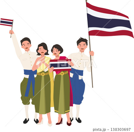 thai men and women in traditional costume standing together with thailand flag in thailand during celebration, showing unity culture and local heritage values 138303697