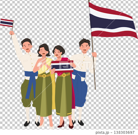thai men and women in traditional costume standing together with thailand flag in thailand during celebration, showing unity culture and local heritage values 138303697