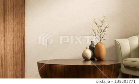 Flower vases on round base wooden table and fabric sofa couch aside white wall in modern living room Flower vases on round base wooden table and fabric sofa couch aside white wall in modern living room 138303771