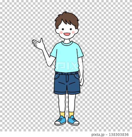 一個穿著休閒的小男孩正在指路。 138303836