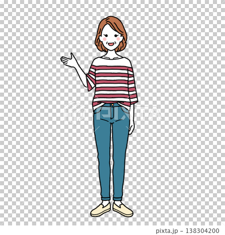 一位穿著休閒的中年婦女正在指路。 一位穿著休閒的中年婦女正在指路。 138304200