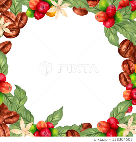 Square frame of coffee beans with leaves, beans, flowers. Coffee Day. Watercolor illustration with space for text. Isolated hand drawn template. Suitable for packaging, logo, menu and invitations. 138304505