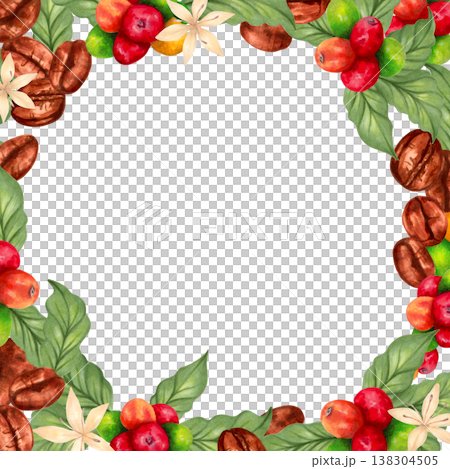 Square frame of coffee beans with leaves, beans, flowers. Coffee Day. Watercolor illustration with space for text. Isolated hand drawn template. Suitable for packaging, logo, menu and invitations. 138304505
