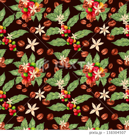 Seamless pattern featuring a branch of Arabica, Robusta coffee trees with beans, berrie, flower. International Coffee Day. Hand drawn watercolor illustration. Suitable for fabric, textiles, packaging. Seamless pattern featuring a branch of Arabica, Robusta coffee trees with beans, berrie, flower. International Coffee Day. Hand drawn watercolor illustration. Suitable for fabric, textiles, packaging. 138304507