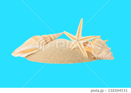 Seashells and sand arranged on a blue surface Seashells and sand arranged on a blue surface 138304531