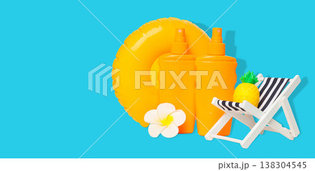 Bright sunblock bottles, float, chair, flower, and fruit 138304545