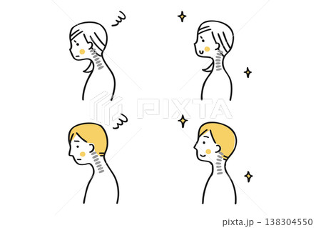 ストレートネックと正常な姿勢の比較イラスト　男女セット② 138304550