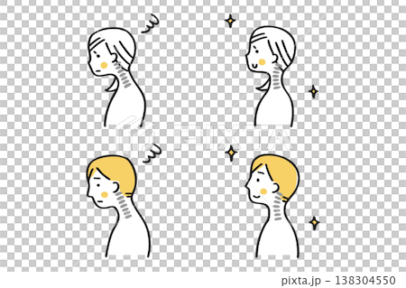 ストレートネックと正常な姿勢の比較イラスト　男女セット② 138304550